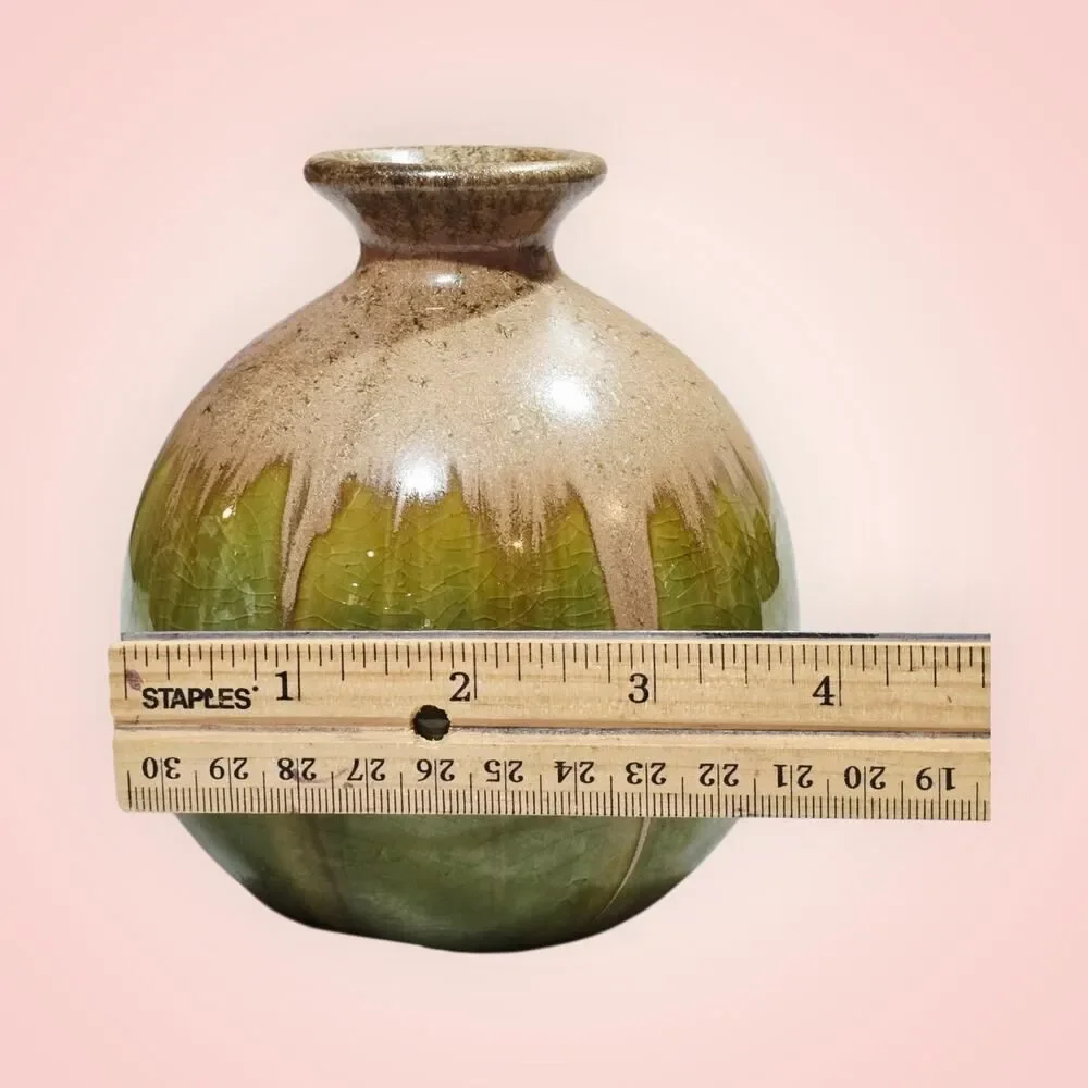 Pottery Bud Vase Green Tan Drip‎ Glaze 5